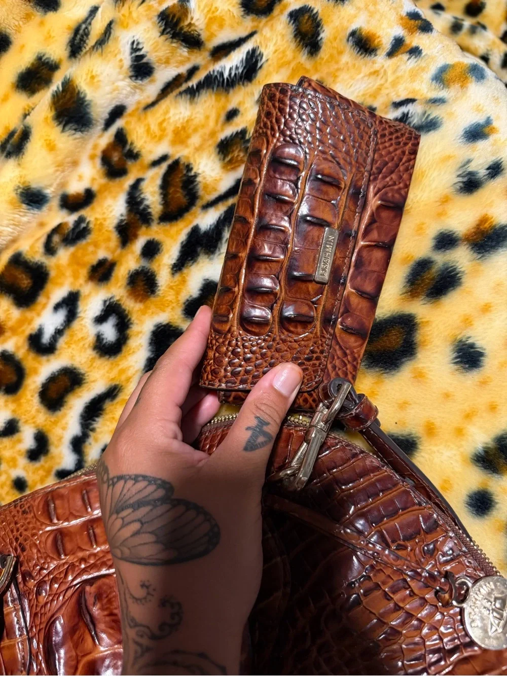 Brahmin Dome Satchel in Rich Chestnut Brown Croc-Embossed Leather